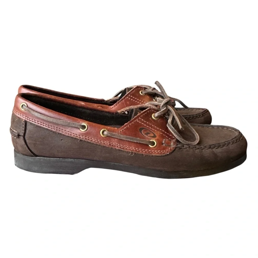VTG Dexter USA Two Tone Leather Almond Moc Toe Boat Shoes Brown Women’s 9.5M